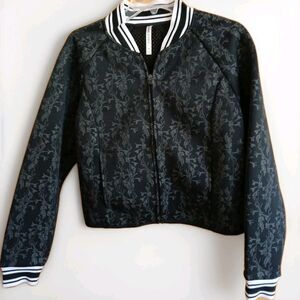 Fabletics Tia Bomber Mesh Athletic Jacket Black Neoprene Floral Print MED